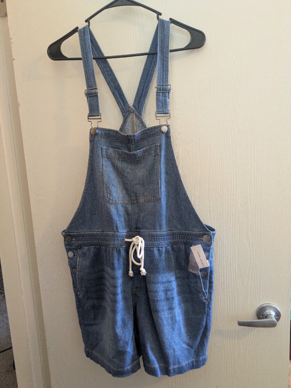 Lane Bryant Women's Soft Tie Waist Whiskered Blue Denim Overalls Size 12 NWT